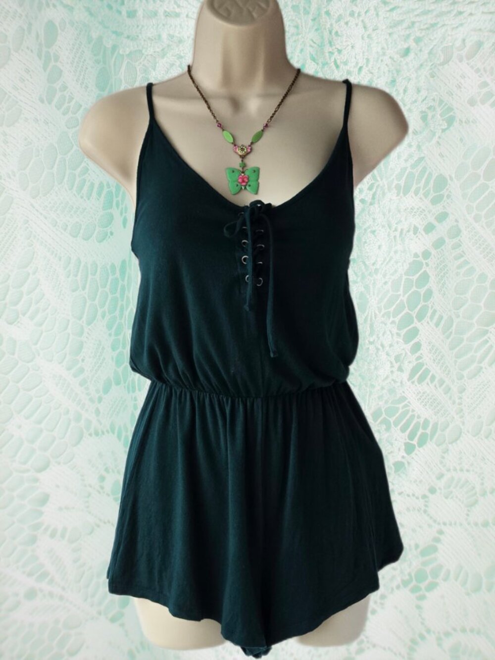 Forever 21 Lace-up Collar Deep Forest Green Playsuit Romper Fairygrunge Beach